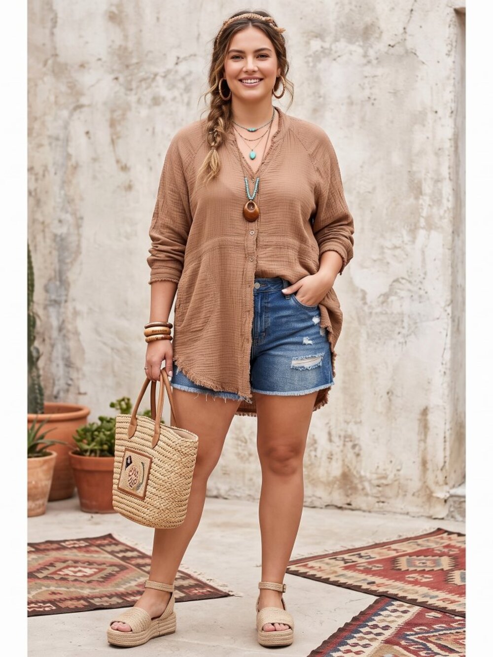 Flawless Buttondown Tunic Shirt Gauze Boho Frayed Brown Medium M